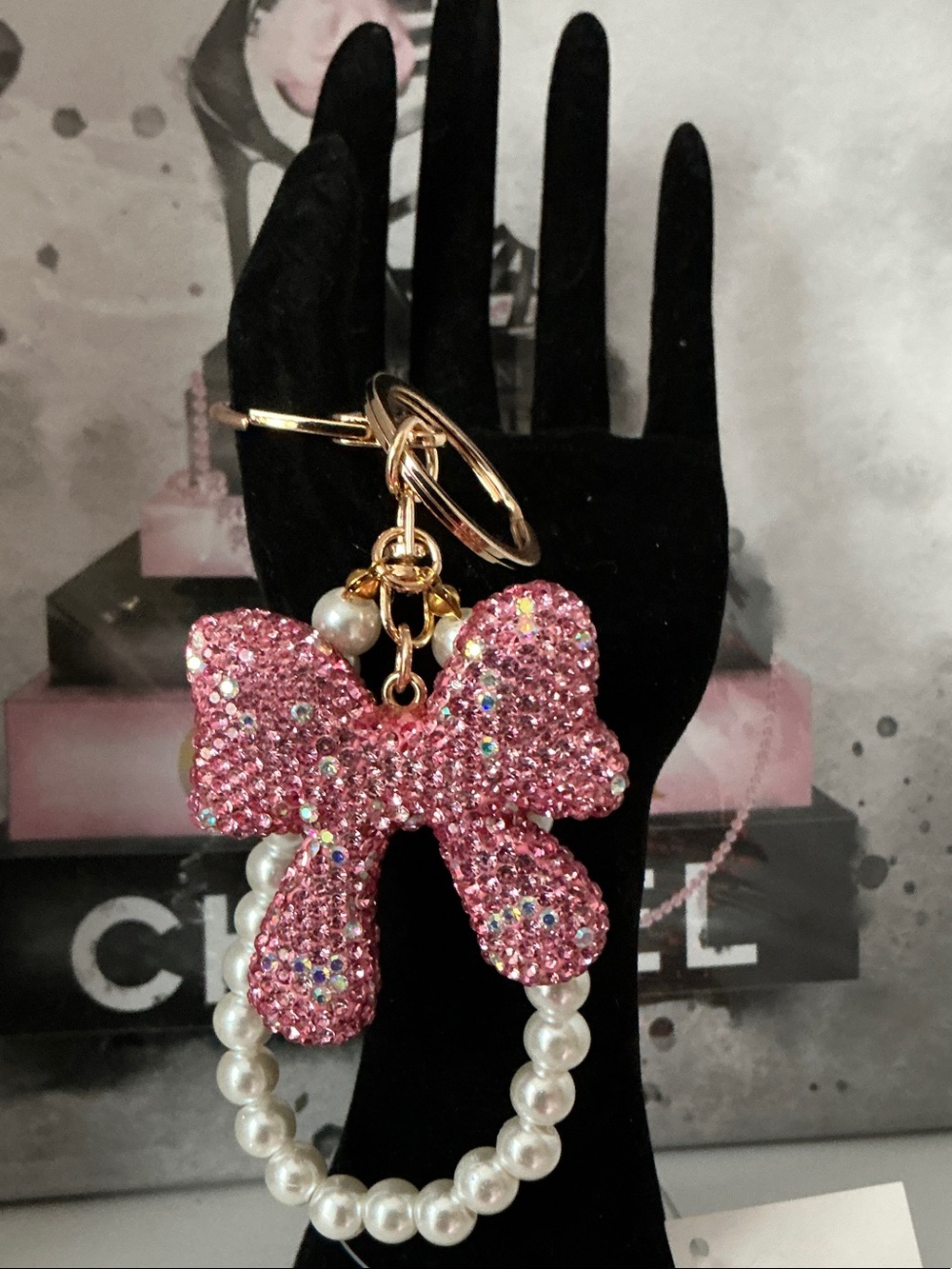 Pink Crystal Bow Pearl Keychain Bag Charm
